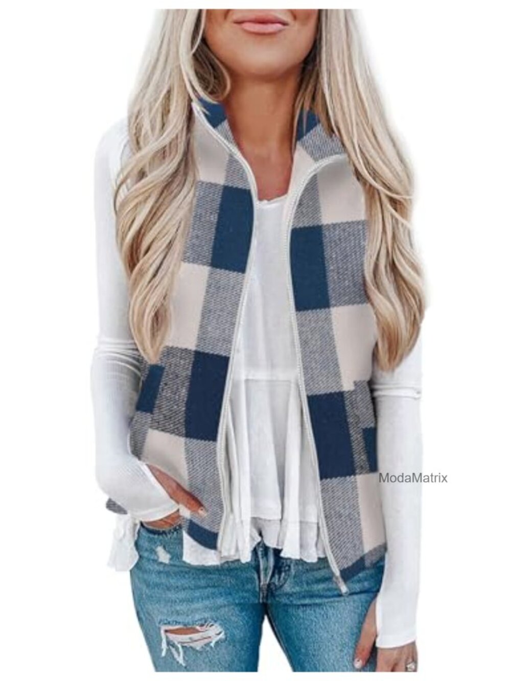Plaid Zip Up Sleeveless Vest Outerwear with Pockets